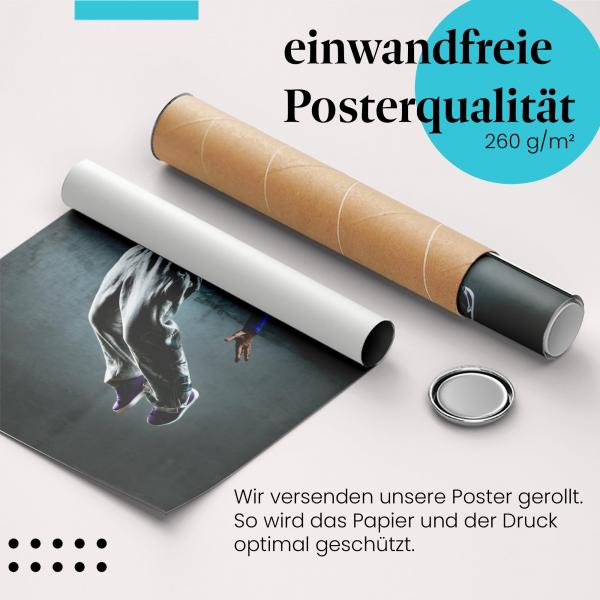 "Breakdance-Tänzerin im Sprung": Gerolltes Poster, dynamisch.