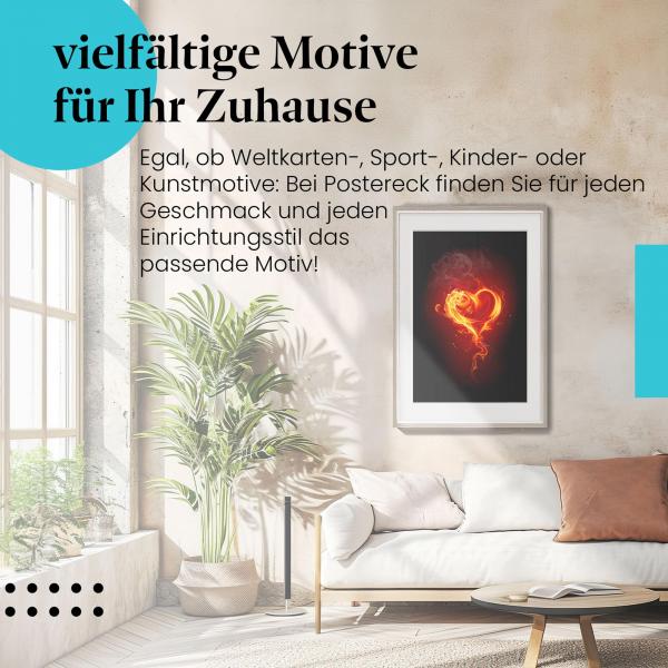 Stylisches Leinwandbild: Leidenschaft - Brennendes Herz in Flammen. Wanddeko für alle, die leidenschaftliche Motive lieben.
