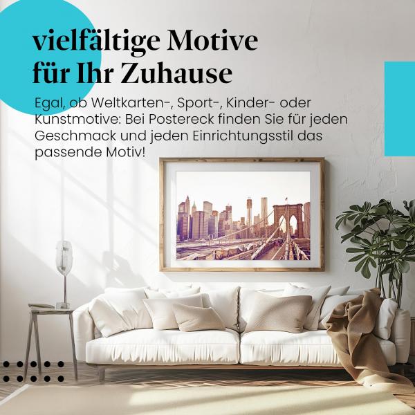 Stylisches Leinwandbild: Skyline im Abendlicht: Blick von der Brooklyn Bridge.