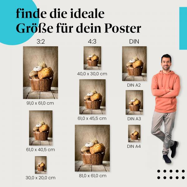 Entdecke die passende Postergröße: Brotkorb, Brötchen, Gebäck, goldbraune Kruste.