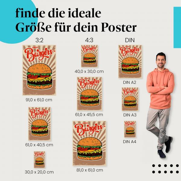 Amerikanischer Genuss: Burger-Poster "Saftige Burger" im Retro-Look