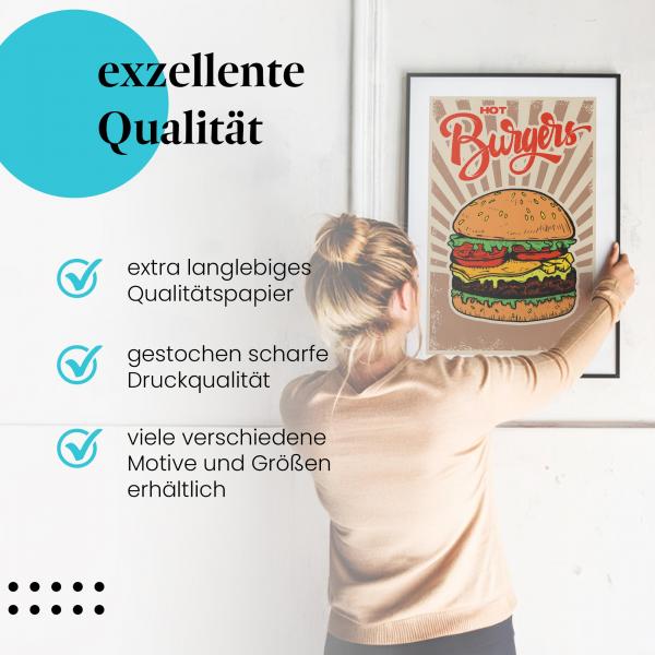 Gerahmtes Wandbild: Saftige Burger, heiß und lecker!, hochwertige Druckqualität. Verschiedene Größen erhältlich.