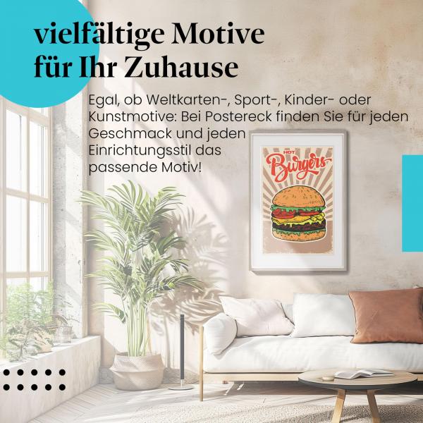 Burger-Love: Dieses Leinwandbild mit dem saftigen Burger ist ein Hingucker für alle, die gerne Burger essen.