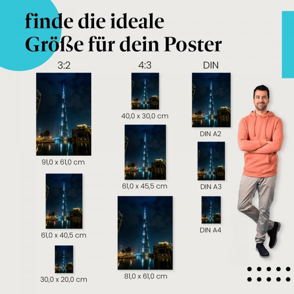 Finde die ideale Postergröße: Burj Khalifa bei Nacht, Lichter im Dubai Fountain.
