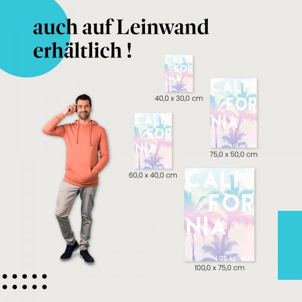 Pastellfarbenes Design mit Palmen und "California, Los Angeles" Schriftzug als Leinwandbild. Sommerlicher California-Vibe für deine Wand. Wähle deine Wunschgröße.