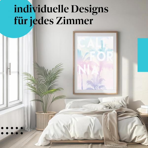 Entspanntes Schlafzimmer: Kunstdruck "California, Los Angeles" mit Palmen-Design.
