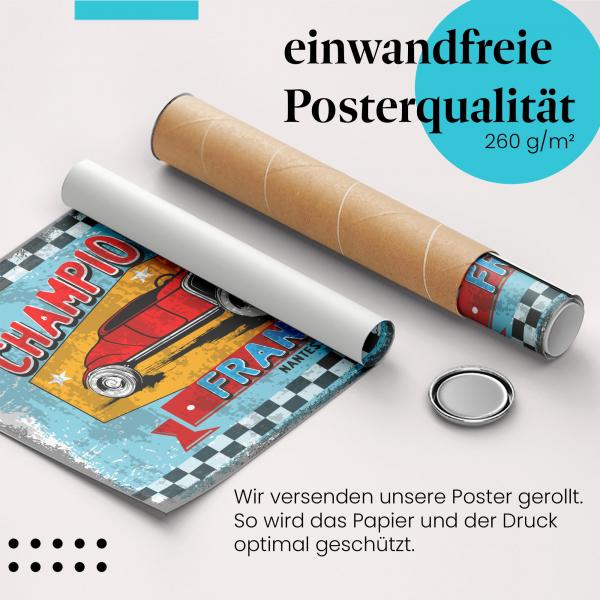Gerolltes Poster "Championship France". Rennauto im Vintage-Stil, sicher verpackt.