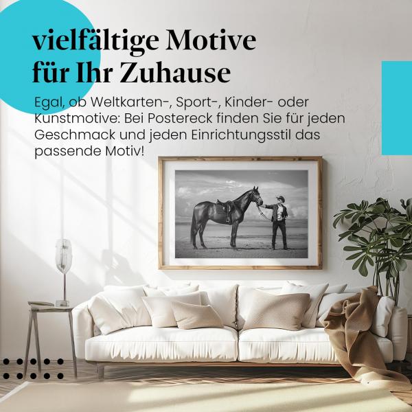 Dieses Leinwandbild mit dem Cowboy und seinem Pferd ist ein Hingucker und versprüht Western-Atmosphäre.