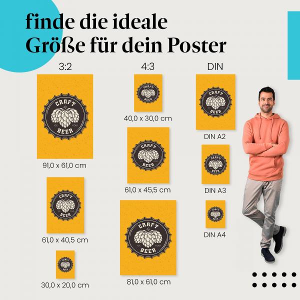 Wähle die ideale Postergröße: Craft Beer Brauerei Emblem: Hopfen und "Craft Beer" auf Gelb.