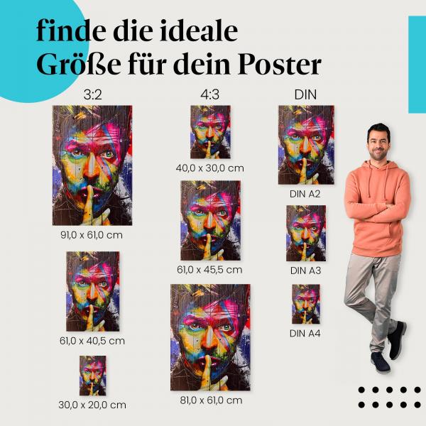 Finde die ideale Postergröße: David Bowie Porträt, Finger an den Lippen. Verschiedene Größen für deine Wand!