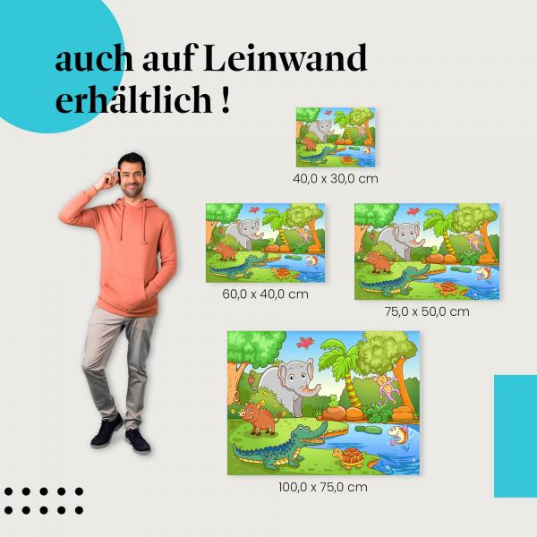 Dschungel: Leinwandbild. Elefant, Affe, Krokodil - exotische Tiere.