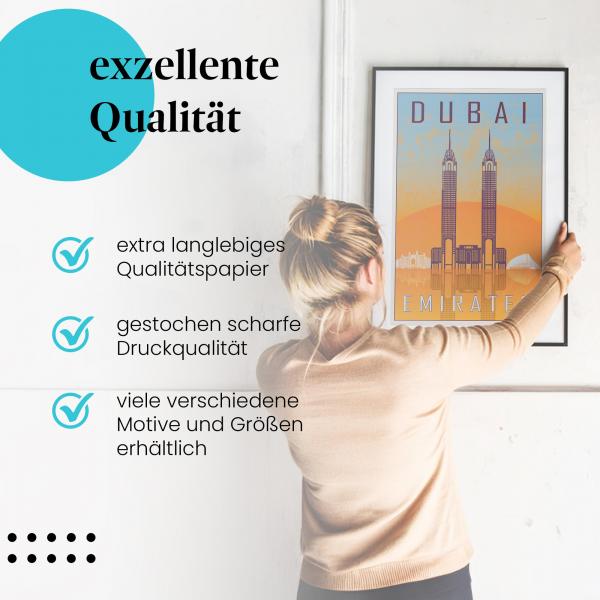 "Dubai Reiseposter": Gerahmtes Wandbild - Wolkenkratzer & Sehenswertes.