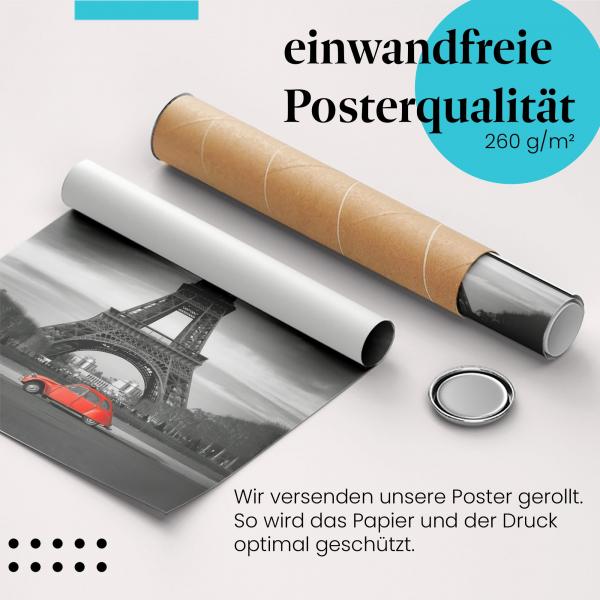 Gerolltes Poster "Roter Oldtimer", Eiffelturm.