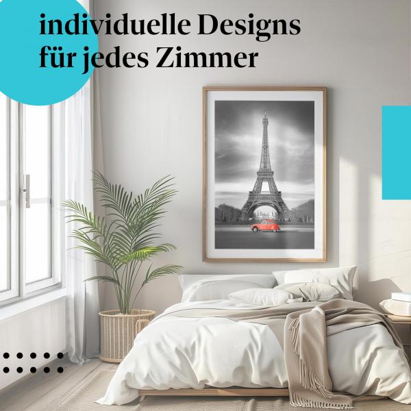 Schlafzimmer Deko: "Oldtimer am Eiffelturm" Poster im minimalistischen Schlafzimmer. Wanddeko für Paris-Liebhaber.