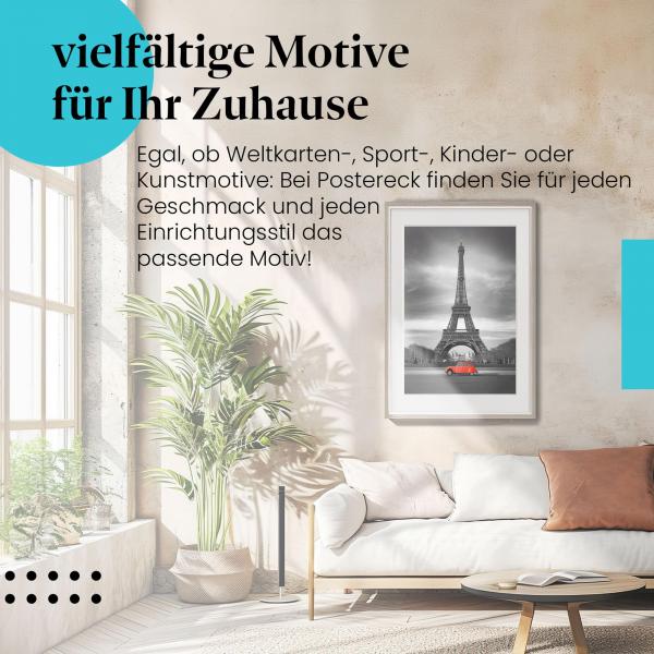 Stylisches Leinwandbild: Roter Oldtimer am Eiffelturm. Wanddeko für Paris-Fans und Oldtimer-Liebhaber.