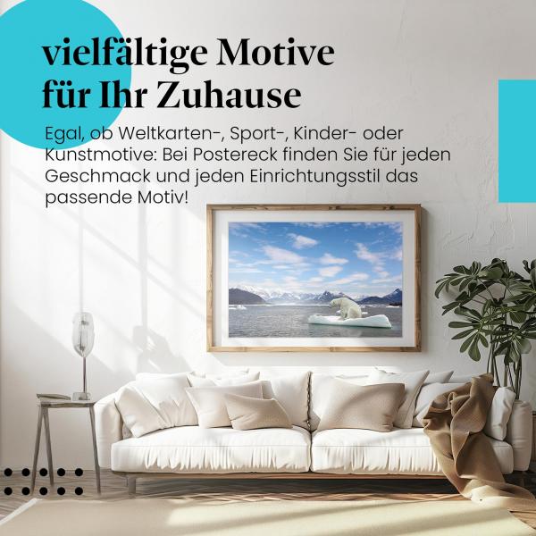 Stylisches Leinwandbild: Einsamer Eisbär auf schmelzender Eisscholle. Wanddeko für alle, die die Tierwelt lieben.