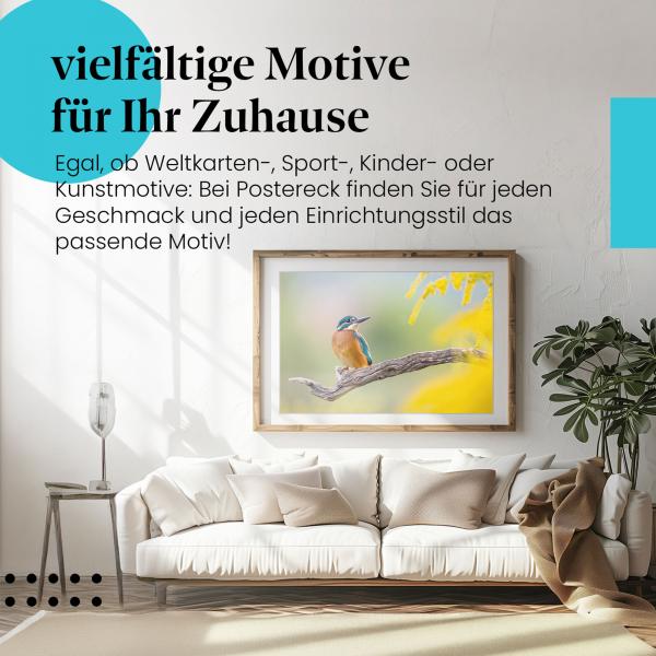 Gerahmtes Bild "Eisvogel". Vogel, Ast, blaue Federn, gelbe Blumen.