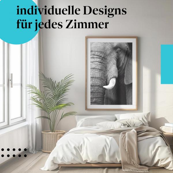 Schlafzimmer Deko: "Elefantenportrait" Poster im modernen Schlafzimmer. Wanddeko im minimalistischen Stil.