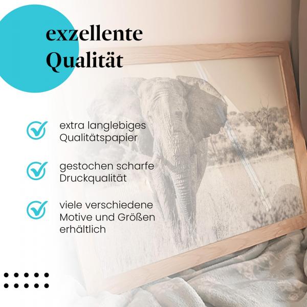 Gerahmtes Wandbild: Elefant in der Savanne, hochwertige Druckqualität. Verschiedene Größen erhältlich.