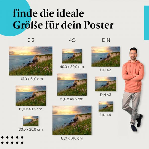 Postergrößen: Steilküste, Étretat, Felsenbogen, Sonnenuntergang.