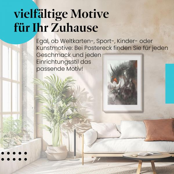 Leinwandbild "Fantasy Schlacht: Drache greift an". Wanddeko für Fantasy-Fans.
