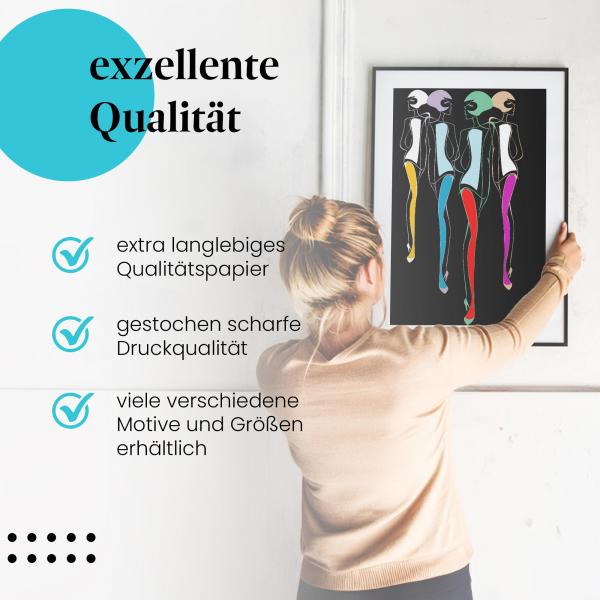 Gerahmtes Wandbild "Fashion-Silhouetten: Vier Frauen in Farbe" in verschiedenen Größen.