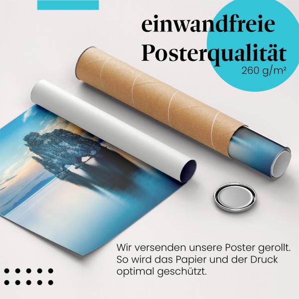 "Felsen im Meer": Gerolltes Poster - Sonnenuntergang, Island.
