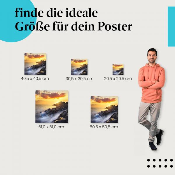 Küste, Poster: Felsig, Sonnenuntergang, Wellen, magisch, goldene Farben.