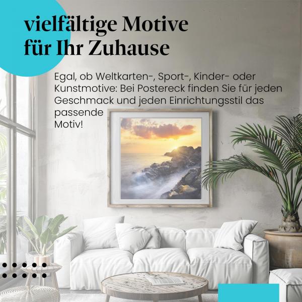 Leinwandbild "Sonnenuntergang": Felsige Küste, warme Farben - magische Stimmung.