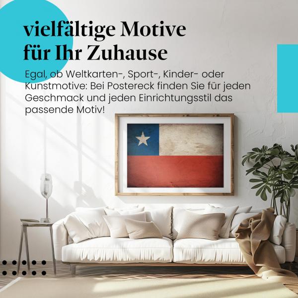 Stylisches Leinwandbild: Chilenische Vintage Flagge im Used-Look. Wanddeko für Chile-Fans.