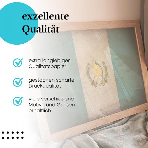 Gerahmtes Wandbild "Guatemala Flagge" im Retro-Look. Hochwertig gedruckt, langlebiges Papier, verschiedene Größen.