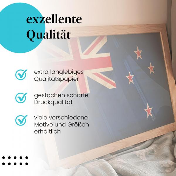 Gerahmtes Wandbild "Neuseeland Flagge" im Vintage-Look, langlebiges Papier, verschiedene Größen erhältlich.