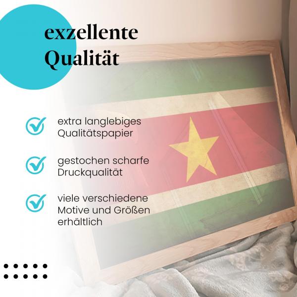 Gerahmtes Wandbild "Suriname Flagge" - Vintage, Stern der Hoffnung, langlebiger Druck.
