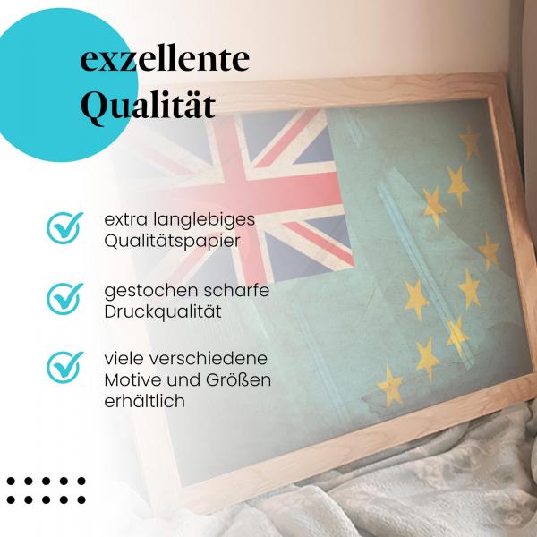 Gerahmtes Wandbild "Tuvalu Flagge" - Vintage, Sterne auf Türkis, langlebiges Papier, verschiedene Größen erhältlich.
