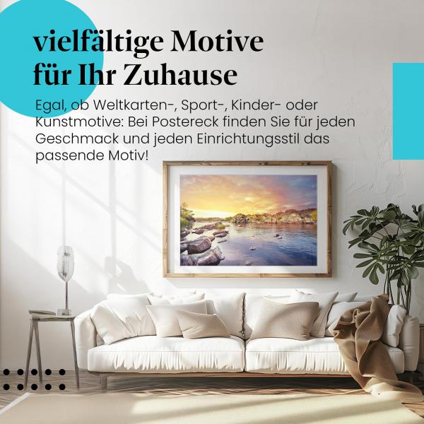Leinwandbild "Flusslandschaft": Sonnenuntergang, Felsen, bunte Bäume - malerisch.