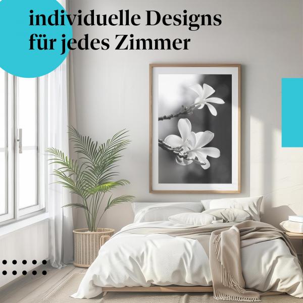 Schlafzimmer Deko: "Frangipaniblüten" Poster in modernem Schlafzimmer. Elegante Wanddeko.