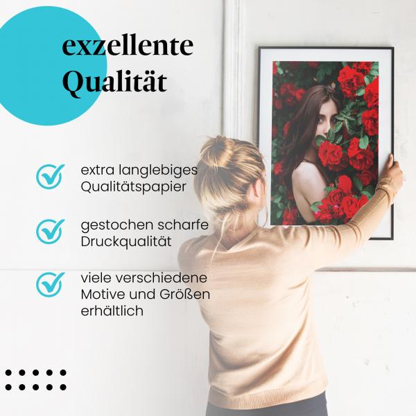 Gerahmtes Bild "Frau & Rosen" - Rote Rosen, verführerischer Blick.