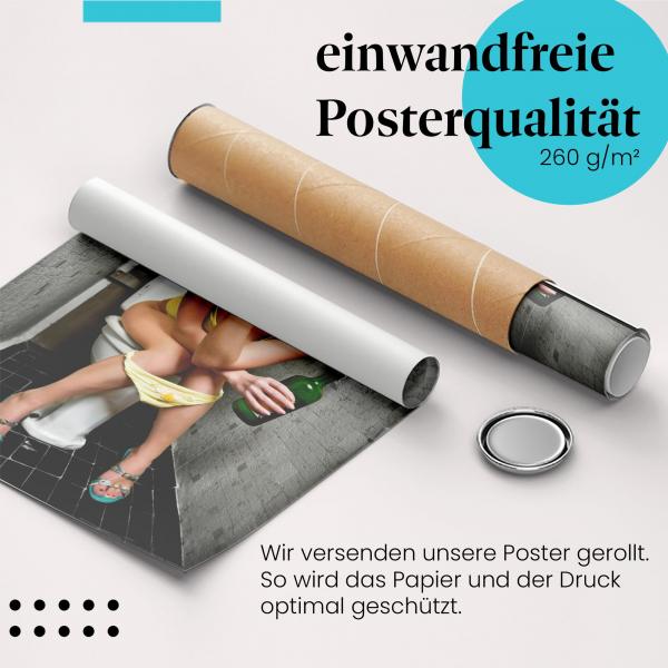 "Frau auf Toilette": Gerolltes Poster, Zigarette, Humor.
