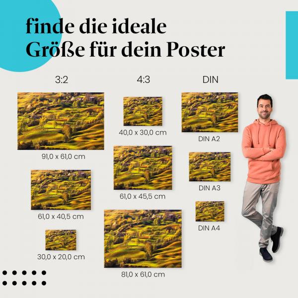 Wähle die ideale Postergröße: Grüne Hügel mit Bauernhöfen, blühende Bäume, Abendsonne.