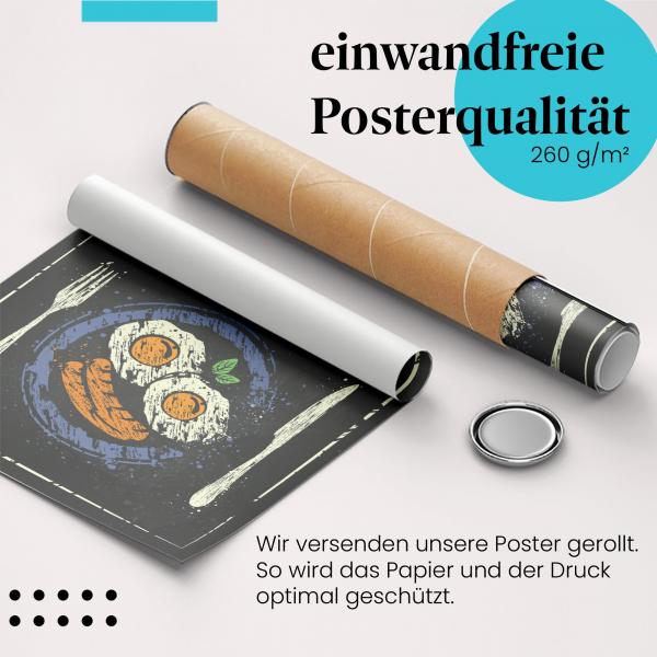 Gerolltes Poster "Knuspriges Frühstück" mit Spiegeleiern & Speck, sicher verpackt.