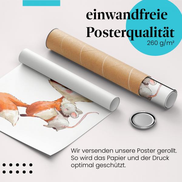 Gerolltes Poster "Fuchs & Maus" - Tierfreundschaft, sicher verpackt.