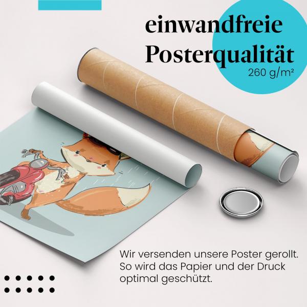 Gerolltes Poster "Fuchs auf Motorrad" - Abenteuer & Humor, sicher verpackt.