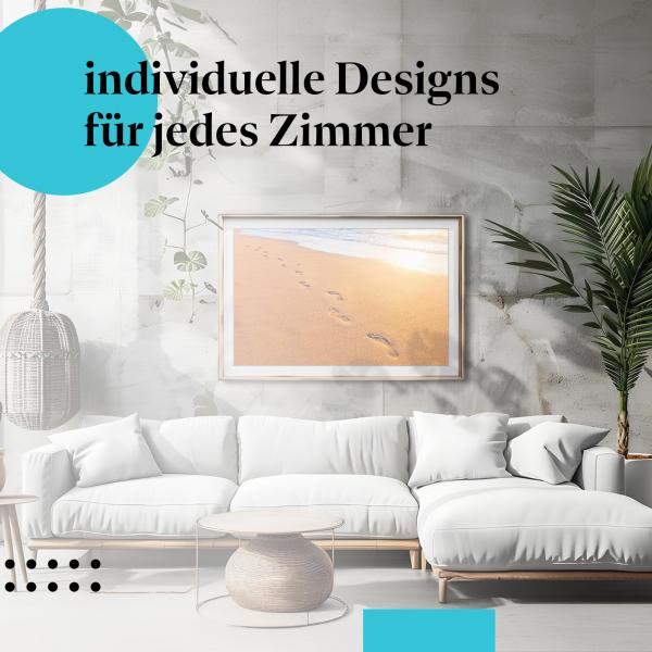 Strand Poster: "Fussabdrücke im Sand" - Fussabdrücke & Sonnenuntergang