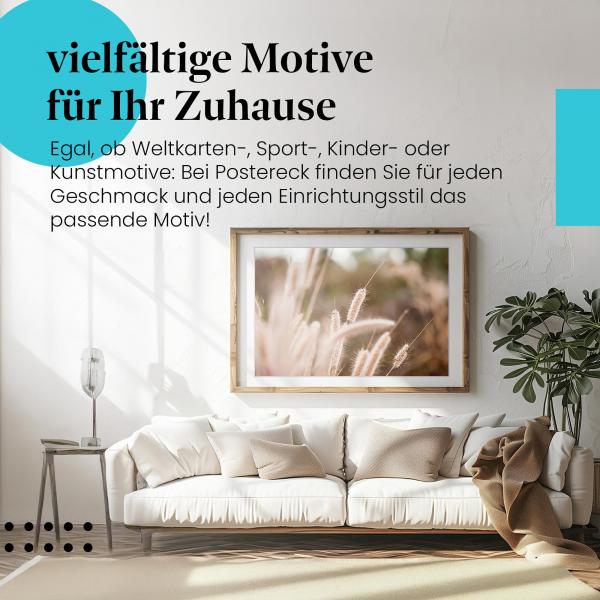 Dieses Leinwandbild mit den Gräsern im Abendlicht bringt Wärme und Gemütlichkeit in Ihr Zuhause.