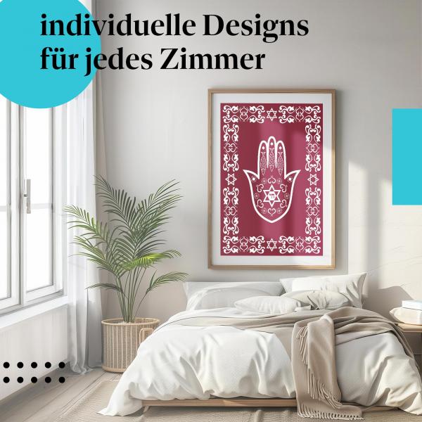 Jüdisches Poster: "Hamsa" - Hamsa-Hand, Symbole & roter Hintergrund