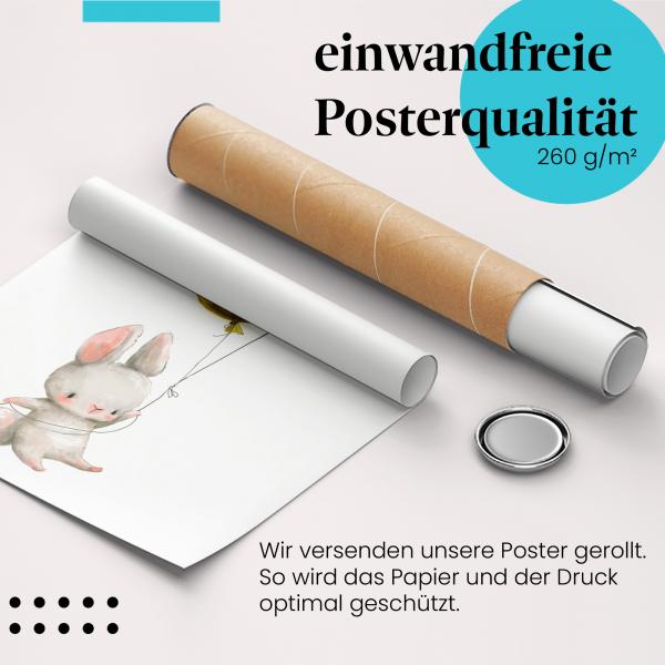Gerolltes Poster "Hase & Ballons". Fröhliches Motiv, sicher verpackt.
