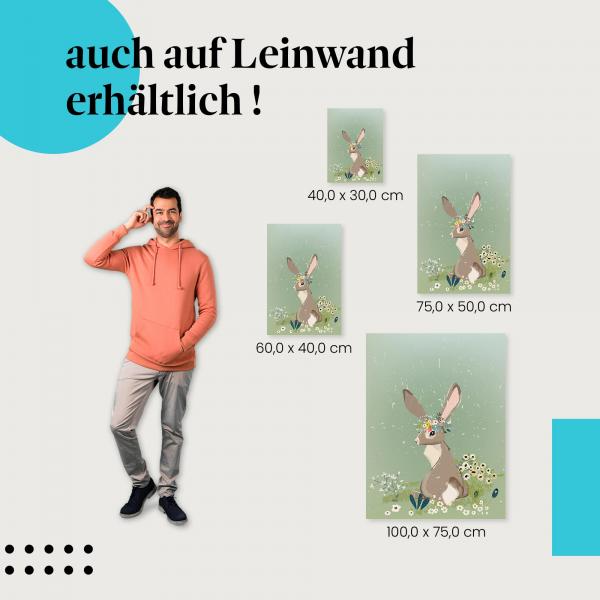 Hase: Leinwandbild. Blumenkranz, Gras.