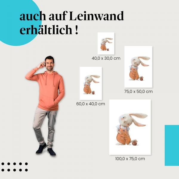 Hase: Leinwandbild. Latzhose, Ball, verträumt lächelnd.