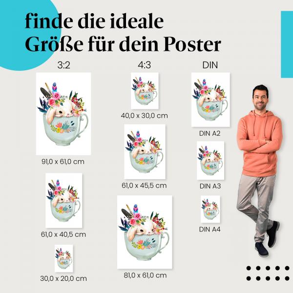 Hase, Poster: Tasse, Blumen, Federn, niedlich.