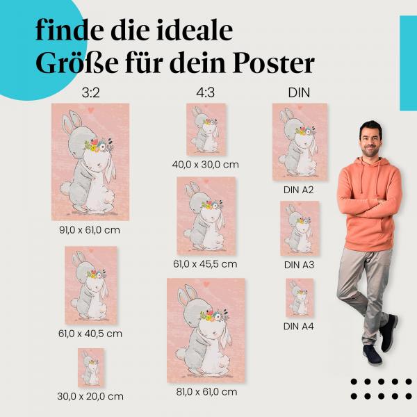 Hasen, Poster: Umarmung, Blumenkranz, Liebe.